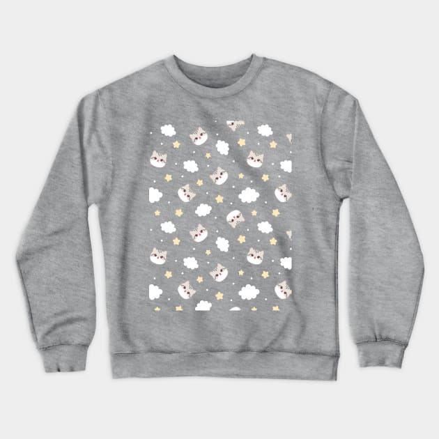 Pattern with white gray cat face, clouds and stars Crewneck Sweatshirt by Saya Raven